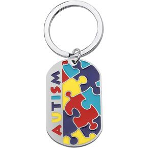CHOORO Autism Puzzle Piece Dog Tag Necklace/Keychain Asperger Awareness Jewelry Gift for Autism Mom/Autism Teacher/Autistic Girl