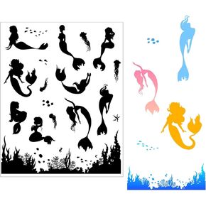 Mermaid Silhouette Clear Stamp Set for Card Making Ocean Fish Sea Grass Rubber Stamps for Scrapbooking DIY Art Projects Paper Crafting Decoration
