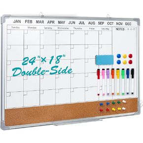 Calendar Whiteboard for Wall, 24" x 18" Magnetic Double Side Dry Erase Whiteboard Calendar Cork Board Combo, Wall Hanging Calendar Board for Office,Home,Kitchen