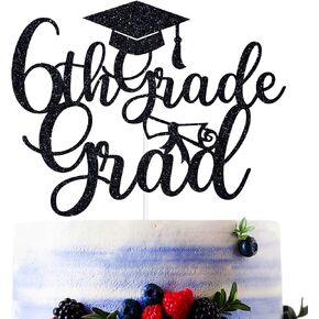 Black Glitter 6th Grade Grad Cake Topper, Straight Outta 6th Grade/Class of 2024/Congrats Grad, 2024 6th Grade Graduation Party Decorations Supplies