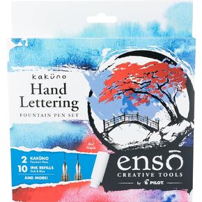 PILOT Enso Kakuno Red Maple Hand Lettering Calligraphy Set with CNT40 Converter, 2 Nib Sizes (Fine .44mm, Medium .58mm) Includes 5 Red & 5 Blue Ink Refills (KFPG-002-KTAZ)