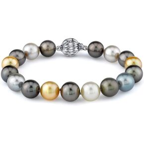 The Pearl Source 14K Gold 9-10mm AAAA Quality Round Tahitian & Golden South Sea Cultured Pearl Bracelet for Women