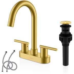 KENES Brushed Gold 4 Inch 2 Handle Centerset Bathroom Faucet, 3 Hole Gold Bathroom Sink Faucet, with Pop Up Sink Drain and Two Water Supply Lines, KE-9019-4