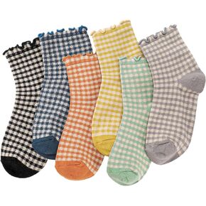 6 Pairs Women Ruffle Socks Striped Frilly Socks, Women Cute Socks Checkered Socks Ankle Socks for Women Cotton Knit Casual Crew Socks Size 5-9