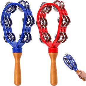 2 Pack 12" Tambourine for Adults, Double Row Metal Jingles Hand Held Tambourine, Plastic Wooden Hand Percussion Instrument, Musical Bells for School Party Church Concerts