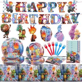 Elemental Party Decorations Tableware Set，Elemental Birthday Party Decorations Include Banner Hanging Swirls, Plates, Forks, Tablecloth, Napkins, Movie Party Supplies
