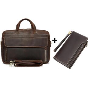 LANNSYNE Vintage Genuine Leather 17 inch Briefcases and Leather Travel Passport Long Wallet