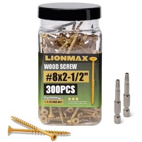 LIONMAX Wood Screws 2-1/2 Inch, Deck Screws #8 x 2-1/2", 300 PCS, Rust Resistant, Epoxy Coated, Exterior Wood Screw, Outdoor Decking Screws, Torx/Star Drive Head, T25 Star Bit Included, Tan