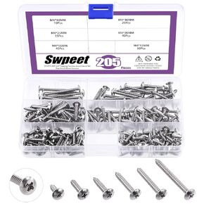 Swpeet 200 قطعة #6#8#10#12 304 الفولاذ المقاوم للصدأ فيليبس تروس رئيس مسامير ذاتية التنصت فيليبس كروس درايف مسامير خشبية مجموعة متنوعة من مسامير الصفائح المعدنية للصفائح المعدنية والخشب والبلاستيك PVC