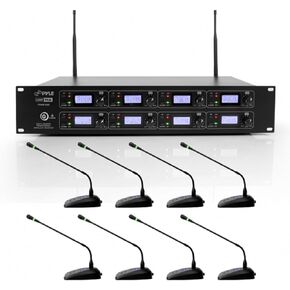Pyle 8 Channel Conference Microphone System - UHF Desktop, Table Meeting Wireless Microphones & Receiver w/ 8 Gooseneck Mics, Rack Mountable & LED Audio Signal Indicator Lights PDWM8880,Black