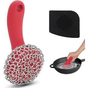 Cast Iron Scrubber with Long Handle | 316 Cast Iron Cleaner Chainmail Scrubber for Cast Iron Pan Skillet Cleaner - Dish Scouring Pad Dishwasher Safe Cleaning Kit (Black, 1 Scrubber + 1 Scraper)