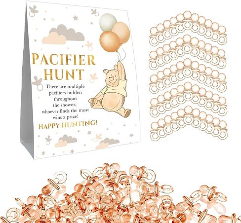 Pacifier Hunt Sign, Mini Pacifiers Baby Shower Game Set, 50Pcs Mini Brown Pacifiers Decor for Baby Shower, Gender Reveal Activities Games for Adults Kids 5 * 7IN in Saudi Arabia
