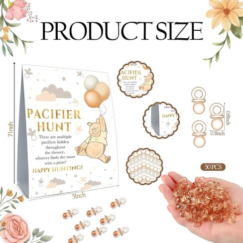 Pacifier Hunt Sign, Mini Pacifiers Baby Shower Game Set, 50Pcs Mini Brown Pacifiers Decor for Baby Shower, Gender Reveal Activities Games for Adults Kids 5 * 7IN in Saudi Arabia