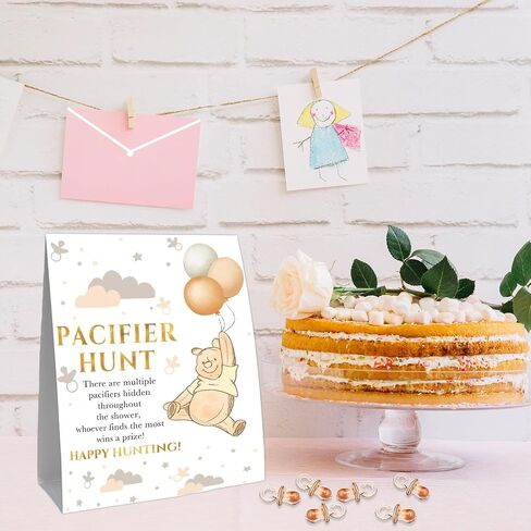 Pacifier Hunt Sign, Mini Pacifiers Baby Shower Game Set, 50Pcs Mini Brown Pacifiers Decor for Baby Shower, Gender Reveal Activities Games for Adults Kids 5 * 7IN in Saudi Arabia