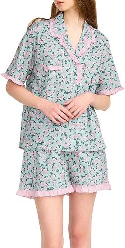 ULLALA Pajamas for Women Vintage Short sleeved 40'S Cotton La Vie en Rose Pair Sky Soft Sleepwear 2Piece one Size in Kuwait