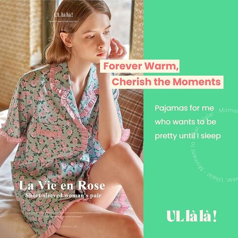 ULLALA Pajamas for Women Vintage Short sleeved 40'S Cotton La Vie en Rose Pair Sky Soft Sleepwear 2Piece one Size in Kuwait