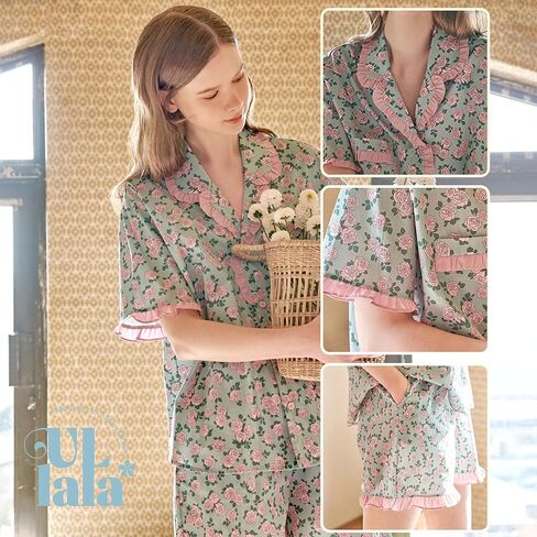 ULLALA Pajamas for Women Vintage Short sleeved 40'S Cotton La Vie en Rose Pair Sky Soft Sleepwear 2Piece one Size in Kuwait