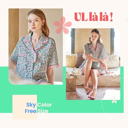 ULLALA Pajamas for Women Vintage Short sleeved 40'S Cotton La Vie en Rose Pair Sky Soft Sleepwear 2Piece one Size in Kuwait