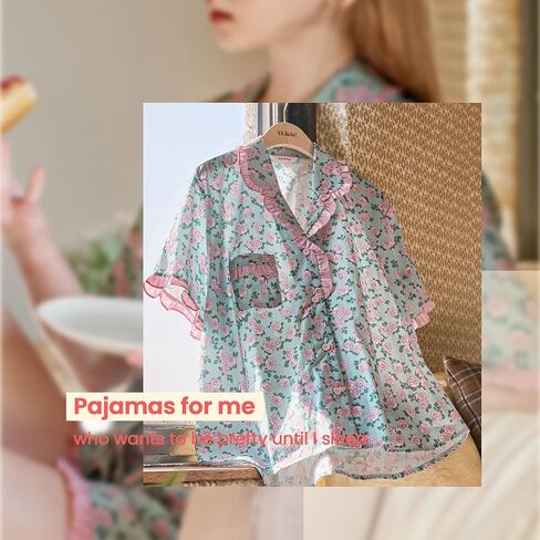 ULLALA Pajamas for Women Vintage Short sleeved 40'S Cotton La Vie en Rose Pair Sky Soft Sleepwear 2Piece one Size in Kuwait