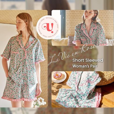 ULLALA Pajamas for Women Vintage Short sleeved 40'S Cotton La Vie en Rose Pair Sky Soft Sleepwear 2Piece one Size in Kuwait