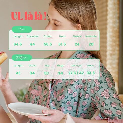 ULLALA Pajamas for Women Vintage Short sleeved 40'S Cotton La Vie en Rose Pair Sky Soft Sleepwear 2Piece one Size in Kuwait