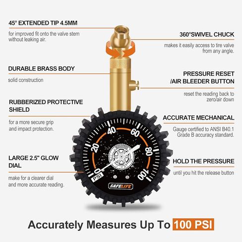 مقياس ضغط الإطارات (0-100 رطل لكل بوصة مربعة) عالي التحمل، معتمد من ANSI دقيق مع قرص متوهج كبير سهل القراءة مقاس 2.5 بوصة، مقياس ضغط هواء منخفض ومرتفع. مقياس الإطارات لإطارات السيارات والشاحنات in Kuwait