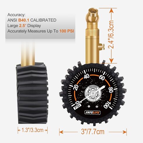 مقياس ضغط الإطارات (0-100 رطل لكل بوصة مربعة) عالي التحمل، معتمد من ANSI دقيق مع قرص متوهج كبير سهل القراءة مقاس 2.5 بوصة، مقياس ضغط هواء منخفض ومرتفع. مقياس الإطارات لإطارات السيارات والشاحنات in Kuwait