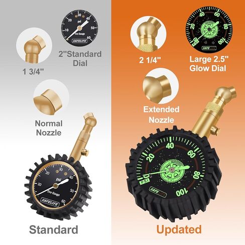 مقياس ضغط الإطارات (0-100 رطل لكل بوصة مربعة) عالي التحمل، معتمد من ANSI دقيق مع قرص متوهج كبير سهل القراءة مقاس 2.5 بوصة، مقياس ضغط هواء منخفض ومرتفع. مقياس الإطارات لإطارات السيارات والشاحنات in Kuwait