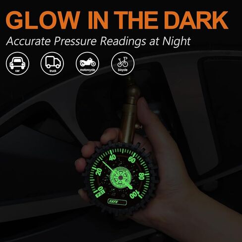 مقياس ضغط الإطارات (0-100 رطل لكل بوصة مربعة) عالي التحمل، معتمد من ANSI دقيق مع قرص متوهج كبير سهل القراءة مقاس 2.5 بوصة، مقياس ضغط هواء منخفض ومرتفع. مقياس الإطارات لإطارات السيارات والشاحنات in Kuwait
