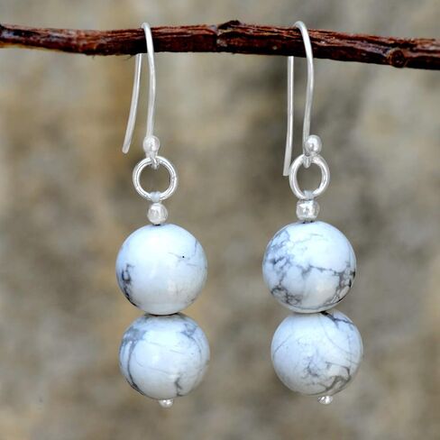 Silvesto India Handmade Jewelry Manufacturer Beaded 10mm Howlite- 2 Stone Set- 925 Sterling Silver- Dangle Earring Jaipur Rajasthan India in Kuwait