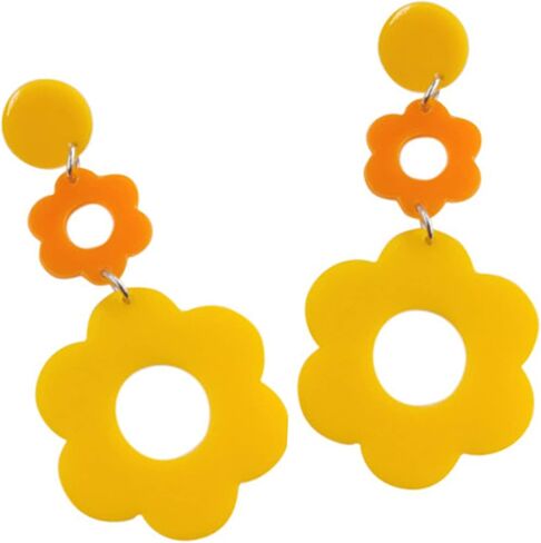 أقراط زهرة الأكريليك للنساء، أقراط ديزي، أقراط متدلية مزدوجة ديزي، أقراط زهور من الراتنج للفتيات المراهقات Y2k زهور بيضاء صفراء 60/70 ثانية in Kuwait