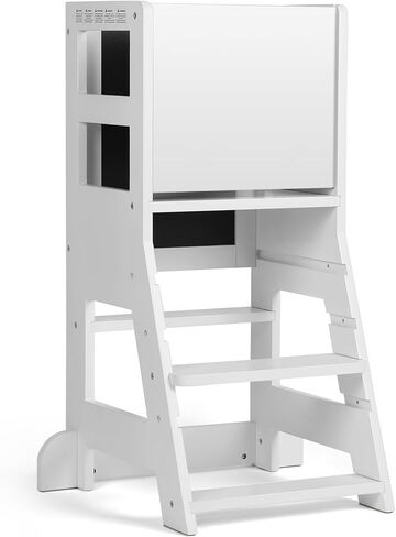 برج للأطفال الصغار مع 3 مستويات ارتفاع قابلة للتعديل، مقعد للأطفال الصغار مع لوح أبيض مغناطيسي ولوحة سوداء قابلة للإزالة للرسم، برج آمن للأطفال مناسب للاستخدام في المطبخ/العداد/الحوض، أبيض in Kuwait