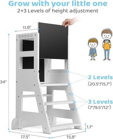 برج للأطفال الصغار مع 3 مستويات ارتفاع قابلة للتعديل، مقعد للأطفال الصغار مع لوح أبيض مغناطيسي ولوحة سوداء قابلة للإزالة للرسم، برج آمن للأطفال مناسب للاستخدام في المطبخ/العداد/الحوض، أبيض in Kuwait