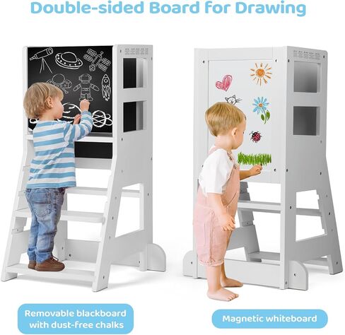 برج للأطفال الصغار مع 3 مستويات ارتفاع قابلة للتعديل، مقعد للأطفال الصغار مع لوح أبيض مغناطيسي ولوحة سوداء قابلة للإزالة للرسم، برج آمن للأطفال مناسب للاستخدام في المطبخ/العداد/الحوض، أبيض in Kuwait