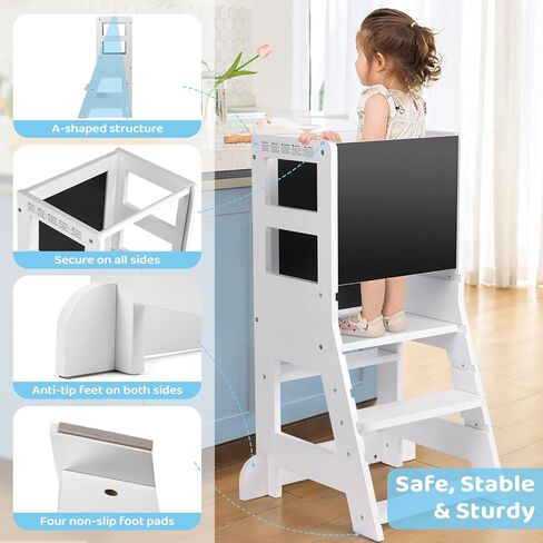 برج للأطفال الصغار مع 3 مستويات ارتفاع قابلة للتعديل، مقعد للأطفال الصغار مع لوح أبيض مغناطيسي ولوحة سوداء قابلة للإزالة للرسم، برج آمن للأطفال مناسب للاستخدام في المطبخ/العداد/الحوض، أبيض in Kuwait