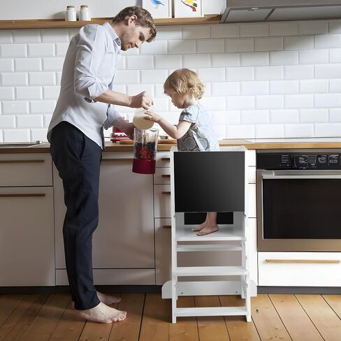 برج للأطفال الصغار مع 3 مستويات ارتفاع قابلة للتعديل، مقعد للأطفال الصغار مع لوح أبيض مغناطيسي ولوحة سوداء قابلة للإزالة للرسم، برج آمن للأطفال مناسب للاستخدام في المطبخ/العداد/الحوض، أبيض in Kuwait