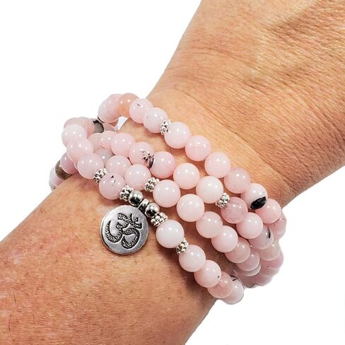 POWERFUL HEART CHAKRA & THROAT CHAKRA 108 Mala Beads Peruvian Pink Opal Real Semi-Precious Stones Stretchy Yoga Bracelet Meditation Chakra Necklace USA HANDMADE in Saudi Arabia