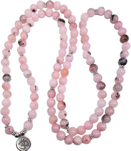 POWERFUL HEART CHAKRA & THROAT CHAKRA 108 Mala Beads Peruvian Pink Opal Real Semi-Precious Stones Stretchy Yoga Bracelet Meditation Chakra Necklace USA HANDMADE in Saudi Arabia