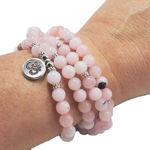 POWERFUL HEART CHAKRA & THROAT CHAKRA 108 Mala Beads Peruvian Pink Opal Real Semi-Precious Stones Stretchy Yoga Bracelet Meditation Chakra Necklace USA HANDMADE in Saudi Arabia