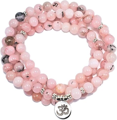 POWERFUL HEART CHAKRA & THROAT CHAKRA 108 Mala Beads Peruvian Pink Opal Real Semi-Precious Stones Stretchy Yoga Bracelet Meditation Chakra Necklace USA HANDMADE in Saudi Arabia