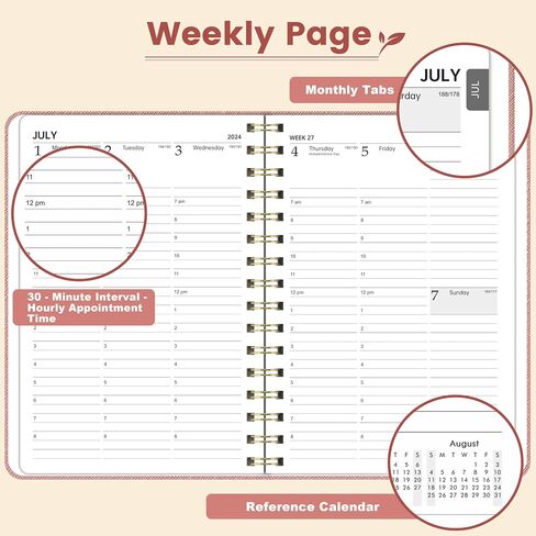 2024-2025 Appointment Book - Daily Hourly Planner 2024-2025, 6.4" x 8.5", JUL. 2024 - DEC. 2025, Weekly Appointment Book with 30-Minute Interval + Soft Cover + Twin-Wire Binding + Printed Tabs - Pink in Saudi Arabia