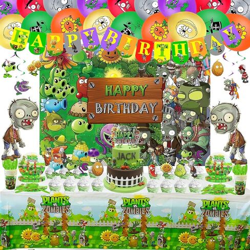 Plants Birthday Party Supplies Birthday Decorations for Girls and Boys Include Banner, Tableware, Balloon, Cake Toppers, Plastic Swirls, Paper Cup, Tablecloth, Backdrop For Games Theme Party in Saudi Arabia