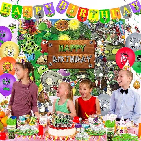 Plants Birthday Party Supplies Birthday Decorations for Girls and Boys Include Banner, Tableware, Balloon, Cake Toppers, Plastic Swirls, Paper Cup, Tablecloth, Backdrop For Games Theme Party in Saudi Arabia