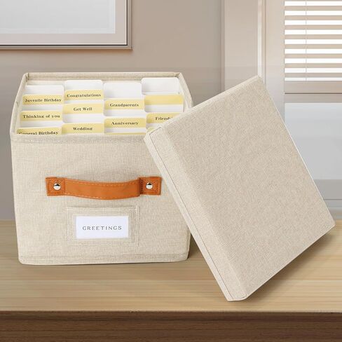 Greeting Card Organizer Box with dividers - Storage Box with lid Holds 150+ Cards - Assortment Box for Greeting Cards,Recipes, Photos, Envelopes, Keepsake - 9 x 9 x 7 Inches (Beige, 1 pcs) in Saudi Arabia