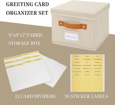 Greeting Card Organizer Box with dividers - Storage Box with lid Holds 150+ Cards - Assortment Box for Greeting Cards,Recipes, Photos, Envelopes, Keepsake - 9 x 9 x 7 Inches (Beige, 1 pcs) in Saudi Arabia