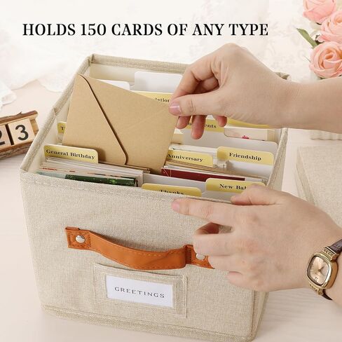 Greeting Card Organizer Box with dividers - Storage Box with lid Holds 150+ Cards - Assortment Box for Greeting Cards,Recipes, Photos, Envelopes, Keepsake - 9 x 9 x 7 Inches (Beige, 1 pcs) in Saudi Arabia