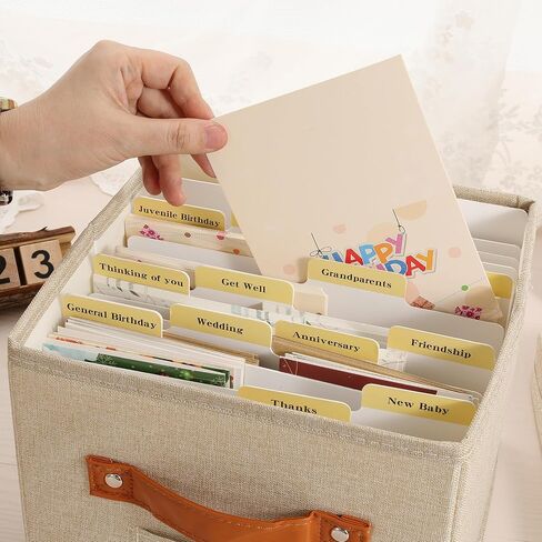 Greeting Card Organizer Box with dividers - Storage Box with lid Holds 150+ Cards - Assortment Box for Greeting Cards,Recipes, Photos, Envelopes, Keepsake - 9 x 9 x 7 Inches (Beige, 1 pcs) in Saudi Arabia