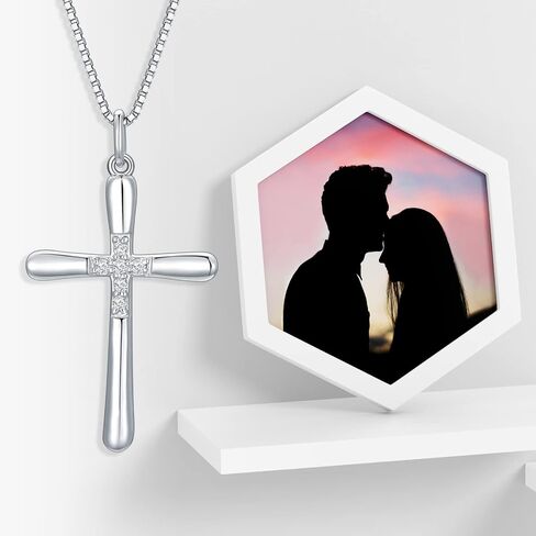 Natural Diamonds Cross Necklace for Women, Sterling Silver Faith Crucifix Cross Pendant Blessed Jewelry Gifts for Wife, Mom, Girls 18"+2" in Saudi Arabia