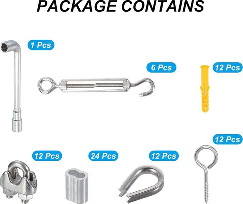 PATIKIL 6 x M5 Turnbuckle Tension with Eye & Hook, 12 x M3 Wire Rope Cable Clips, 12 x M3 Thimble, 24 x Crimping Sleeves, 1/8 Inch Stainless Steel Kit for Garden Outdoor in Saudi Arabia
