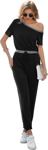 Women's Off Shoulder Jumpsuit Stretchy Airport Outfits Jogger Pants Jumpsuit with Pocket S-2XL in Saudi Arabia